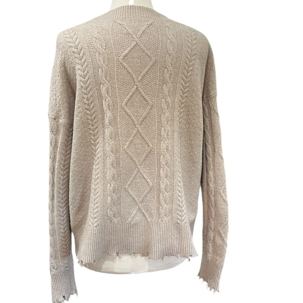 Lucky Brand Cable Knit Cardigan Sweater Distressed Hem SZ M Light Camel Tan